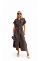 Sukienka Koszulowa Maxi Premium Wiązana w Pasie Elegancka Oversize Guziki Kieszenie - brąz